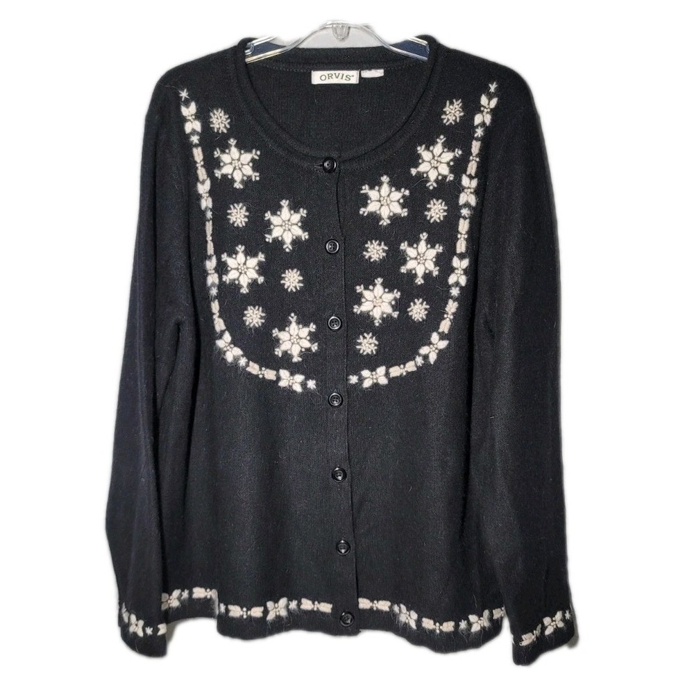 Vintage Orvis Sz LargeSnowflake Embroidery Lambswool Angora Blend Knit Cardigan